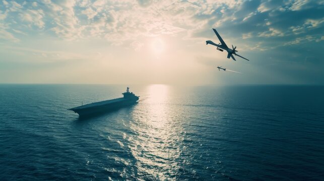A drone flies over a tranquil ocean at sunset while a solitary aircraft carrier glides through shimmering waters, creating a serene yet powerful scene.