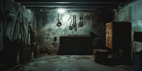 A dark, eerie basement with rusty tools, broken furniture, and shadows flickering across the walls.