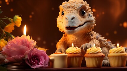 Cute dinosaur with birthday cake on yellow background.