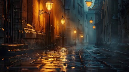 Fototapeta premium Lofi backdrop featuring a street scene with warm lamp glow on wet cobblestones