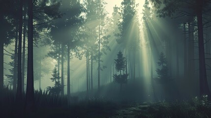 Lofi wallpaper of a foggy forest glowing mist over tall trees casting soft shadows