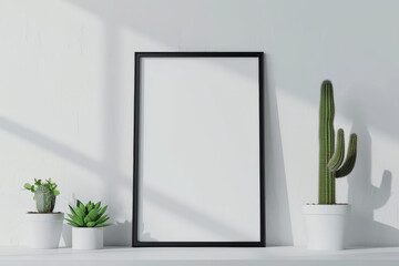Black frame mockup with white background and cacti on the shelf illustration