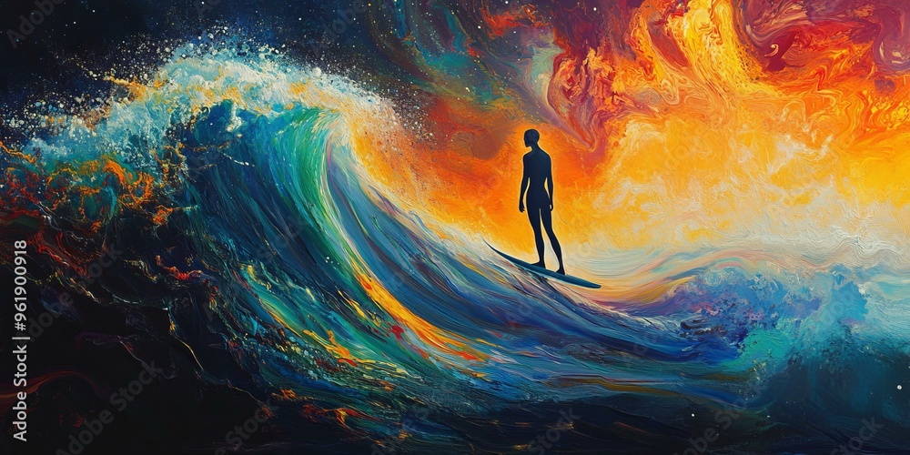 Canvas Prints a silhouette surfing a wave in abstract art.