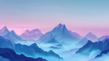 Fototapeta premium Lofi backdrop showcasing a misty mountain range at dawn with glowing pastel gradients
