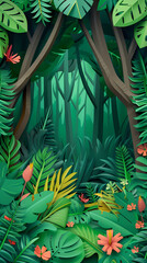 Tropical rainforest with trees and moss in paper cute style