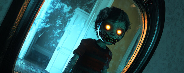 A nightmarish reflection in the mirror shows a distorted version of the child, with glowing eyes and a sinister grin.