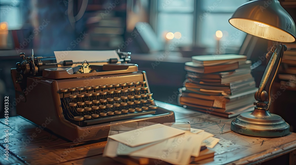 Poster lofi background showcasing a vintage typewriter on a desk with blurred paper stacks creating a nosta