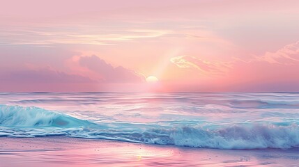 Lofi backdrop showing a tranquil beach at dawn with soft pastel gradients in the sky and blurred waves creating a serene background