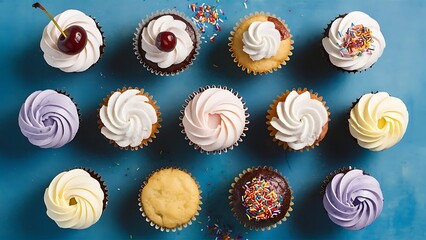 Flat lay with various arranged sweet cupcakes isolated on blue
