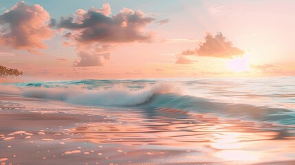 Fototapeta premium Lofi backdrop featuring a peaceful beach at dawn with soft pastels and blurred waves creating a tranquil background