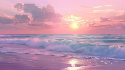 Obraz premium Lofi backdrop of a serene beach at dawn with pastel skies and blurred waves creating a peaceful calming background