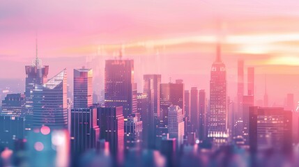 Lofi background of a blurred city skyline at sunrise with pastel skies and warm sunlight reflecting off skyscrapers creating a serene atmosphere
