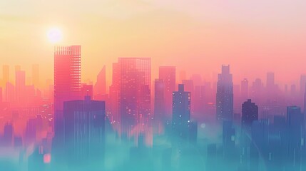 Lofi background featuring a city skyline at sunrise with soft pastel hues and blurred buildings creating a serene urban atmosphere