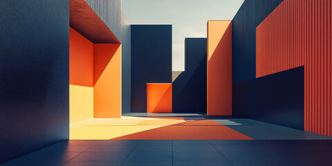 A 3D interior with dark navy and orange walls, featuring geometric shapes and clean, minimalist lines. The bold contrast makes for a visually striking, modern design.