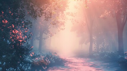 Lofi backdrop featuring a forest path at dawn with soft gradients and blurred trees creating a calm serene background