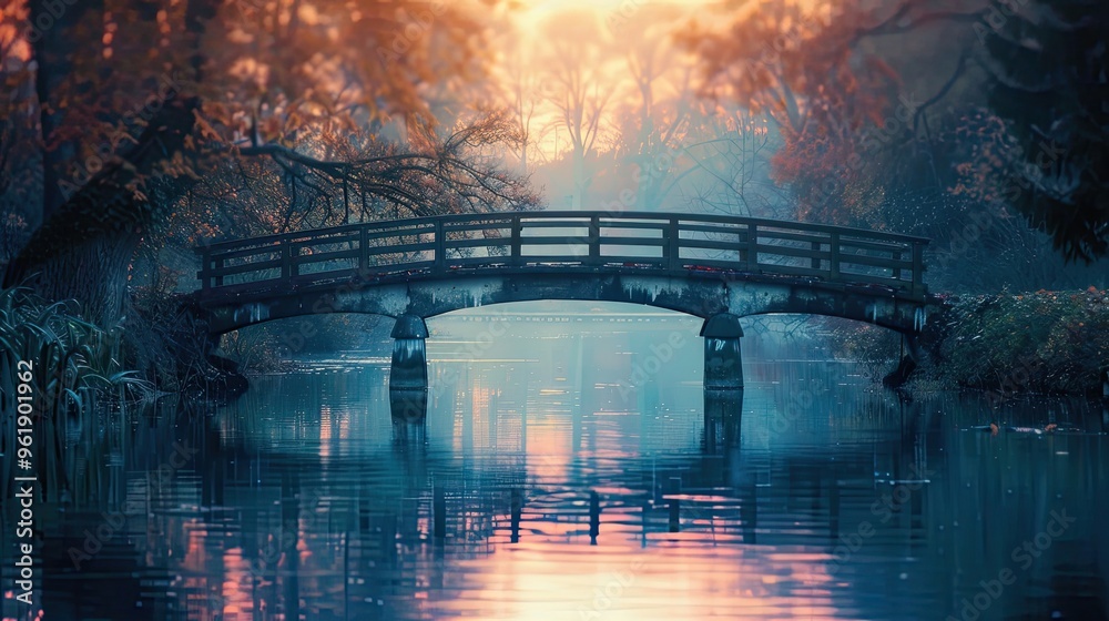 Poster lofi background featuring a weathered bridge at twilight with diffused light and blurred reflections