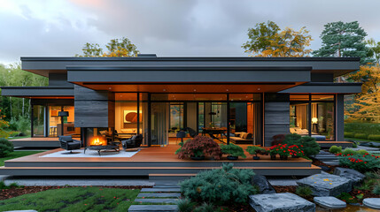 Modern House with Stone and Wood Exterior 3D Illustration