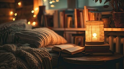 Lofi backdrop featuring a cozy reading nook with glowing lamps and blurred books creating a calm inviting background