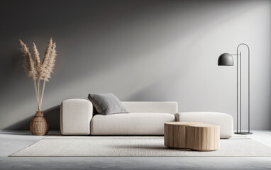 Minimalist living room interiors with elegant furniture and copyspace.Residential interior design composition