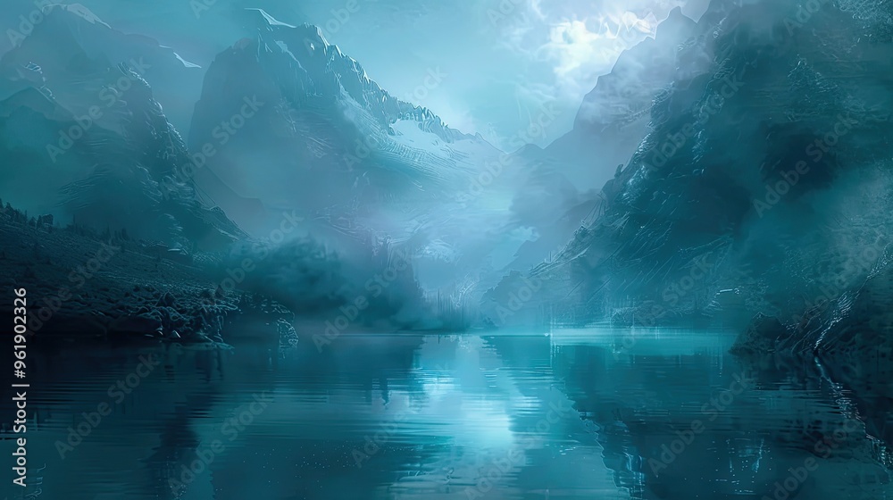 Canvas Prints Symbolism background depicting a calm lake with mystical symbols dark tones and misty mountains glowing with ethereal light