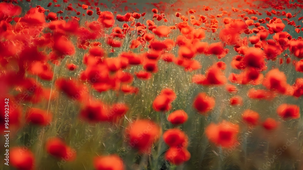 Wall mural blurred and defocused image of red beautiful poppies bloom, poppy red flowers meadow