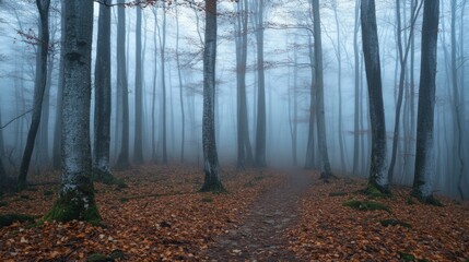 Obraz premium A forest with foggy trees and a path