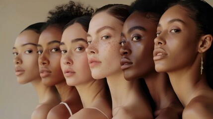 Obraz premium A diverse group of women with different skin tones and hair textures poses elegantly, showcasing natural beauty, diversity, and inclusion.