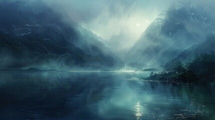 Fototapeta premium Symbolism background showcasing a serene lake mystical elements and misty mountains bathed in ethereal otherworldly light