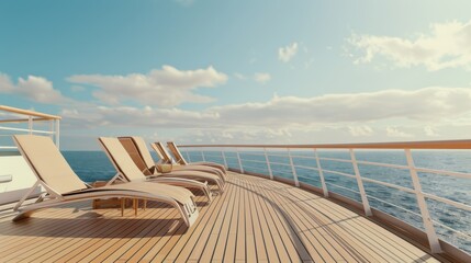 Obraz premium Sunlit deck of a cruise ship with empty lounge chairs facing the open ocean under a clear, blue sky, epitomizing relaxation and freedom.