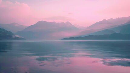 Fototapeta premium Lofi backdrop of a calm lake with blurred muted textures soft colors and mountains fading gently in the warm background light