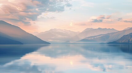 Fototapeta premium Lofi backdrop showcasing a tranquil lake with soft muted colors blurred textures and mountains fading gently in the distance