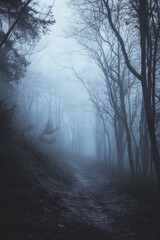 Fototapeta premium A foggy forest path with trees in the background