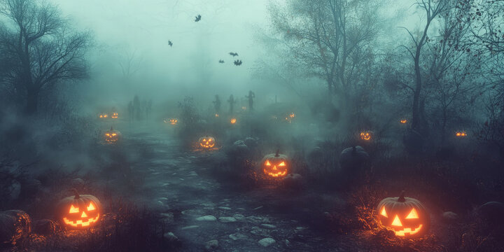 A creepy Halloween forest path with glowing jack-o'-lanterns and ghostly figures floating among the fog.