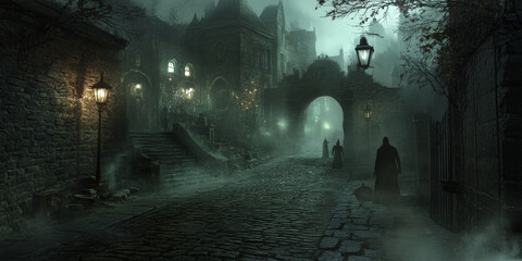 Fototapeta premium A creepy Halloween alley with fog rolling over the cobblestone, flickering streetlights, and shadows of figures on the walls.