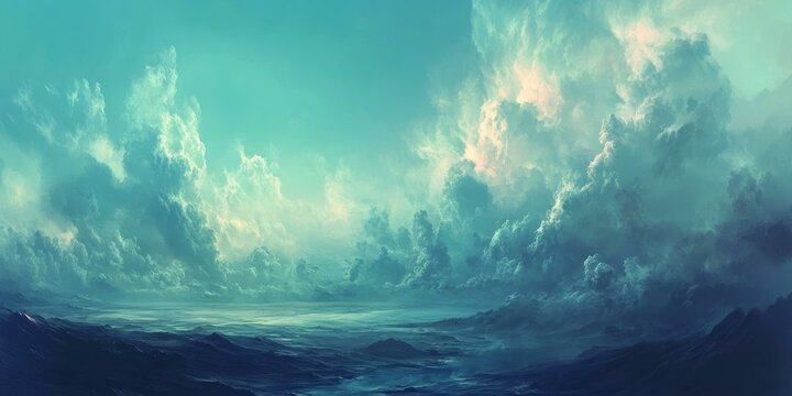 A vast blue sky with puffy clouds and rolling hills.