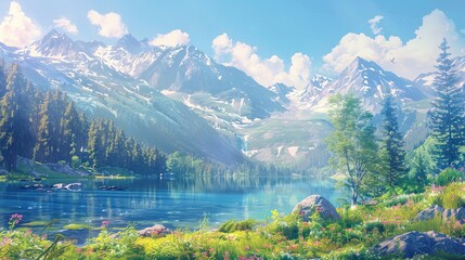 Fototapeta premium Lofi backdrop with muted colors showing a peaceful lake green forests and snowy mountains under a bright sky