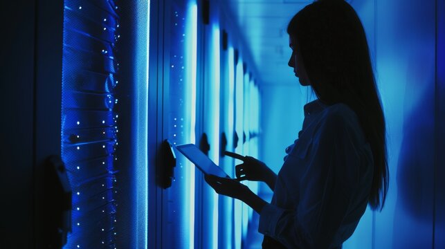 In a vibrant blue-glow server room, a person silhouetted against the equipment uses a tablet, emphasizing the blend of human and technological interactions.