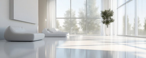 A modern 3D white room with large windows casting natural light onto glossy white floors and smooth, minimalistic furniture. Soft, subtle textures on the walls.