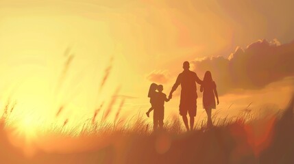 Silhouetted family holding hands, walking through a grassy field at sunset, with the golden sun casting a warm and loving glow over their shared moment.