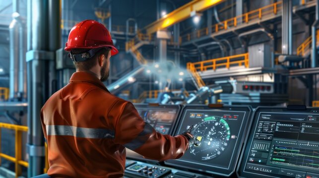A worker in a red helmet operates intricate machinery in an advanced industrial facility, showcasing the precision and modernity of the environment.