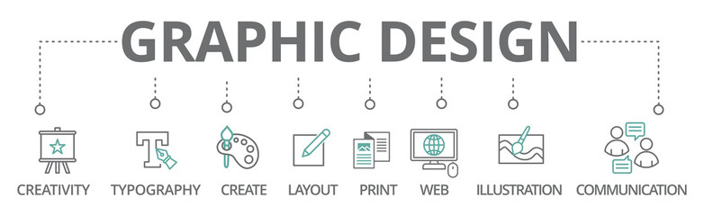 Graphic Design banner icon, creativity, typography, create, layout, print, web, ilustration and communication vector illustration concept