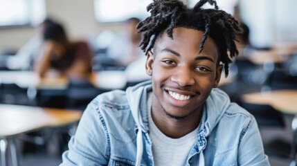 Obraz premium A friendly young individual with a bright smile sits in a classroom, exuding friendliness and readiness to learn in a welcoming academic environment.