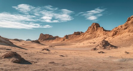 Naklejka premium Arid Landscape: Majestic Sand Dunes and Rock Formations in a Desert