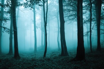 Obraz premium A forest with foggy trees and a blue sky