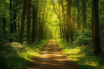 Naklejka premium Sunlit Path Through Lush Green Forest