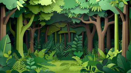 Tropical rainforest with trees and moss in paper cute style