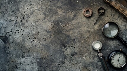 A collection of vintage watchmaking tools, including a magnifying glass, scattered on a textured, worn surface.