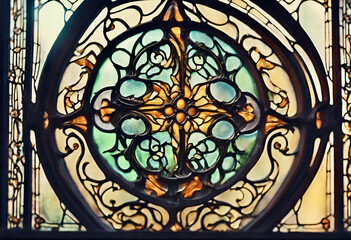 Close-up detail of an Art Nouveau-style window with stained glass windows
