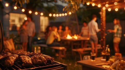 A barbecue scene captures friends enjoying grilled food and drinks under string lights in a cozy backyard, creating a warm and inviting atmosphere.
