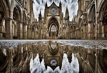 cathedral reflected in a puddle